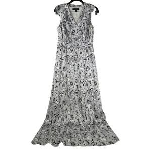 Banana Republic Gray Floral Sleeveless Ruffle V Neck Lined Maxi Dress Size 0